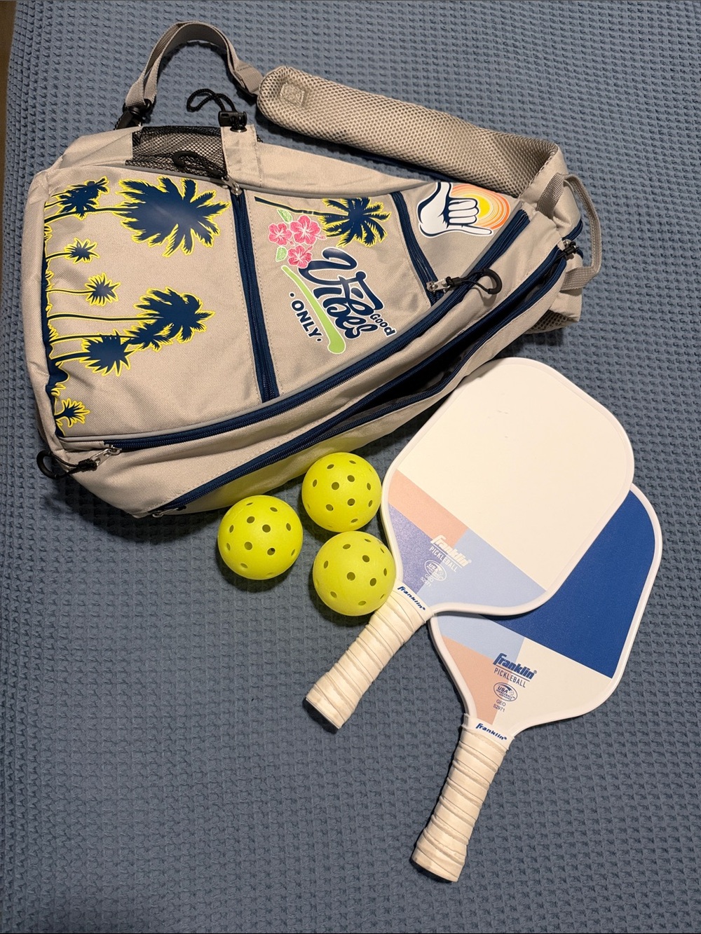 Only Beige Paddle Bag Set with Blue-Accent Pickleball Paddles and Lime Balls